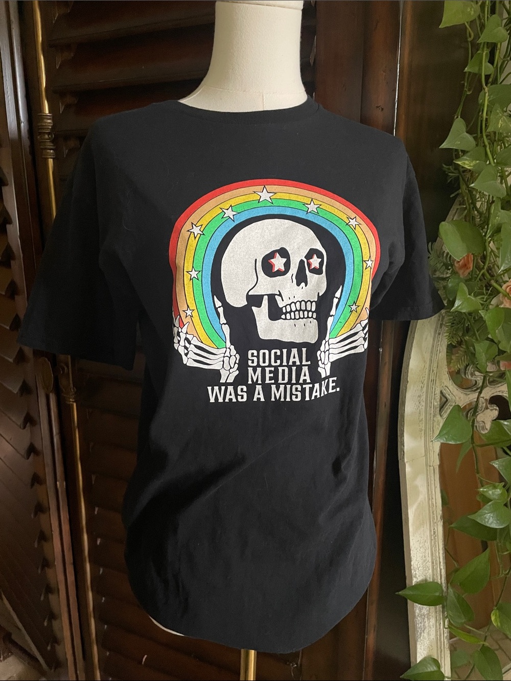 Black Graphic Tee "Social Media Was A Mistake" with Rainbow Skull Medium Tee